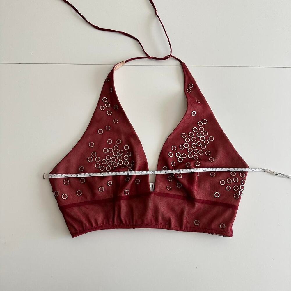 reworked BCBG Maxazria burgundy mesh halter top with silver metal rings - Picture 7 of 9